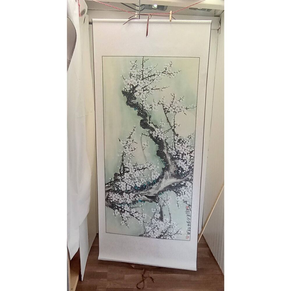 Vintage Chinese hand painted , scroll, art, decor trees, floral. Blossom. Large